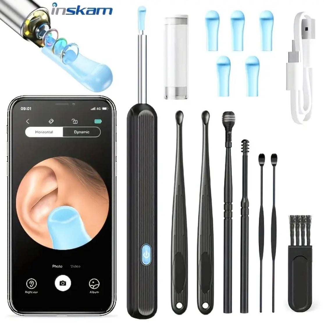 7pcs Ear Wax Removal Kit with 6 Spoons, Camera and Light - Wireless Tool for iOS & Android, 6 Sleeves Accessories to Clean Your Ears Safely at Home