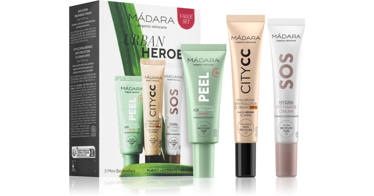 Mádara MÁDARA Urban Heroes confezione regalo per il viso colore medio maschera esfoliante 17 ml + CC cream 15 ml + crema nutriente per il viso 15 ml