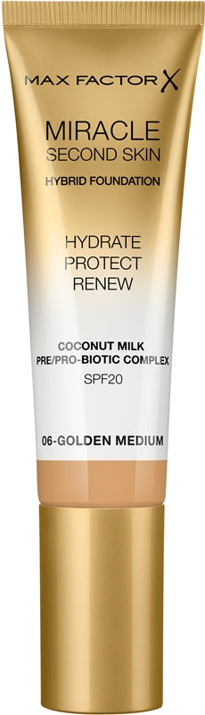 Max Factor Max factor Miracle Second Skin SPF 20 Hybrid Fondotinta Trucco nutriente per l'aspetto naturale della pelle 30 ml 06 Golden Medium